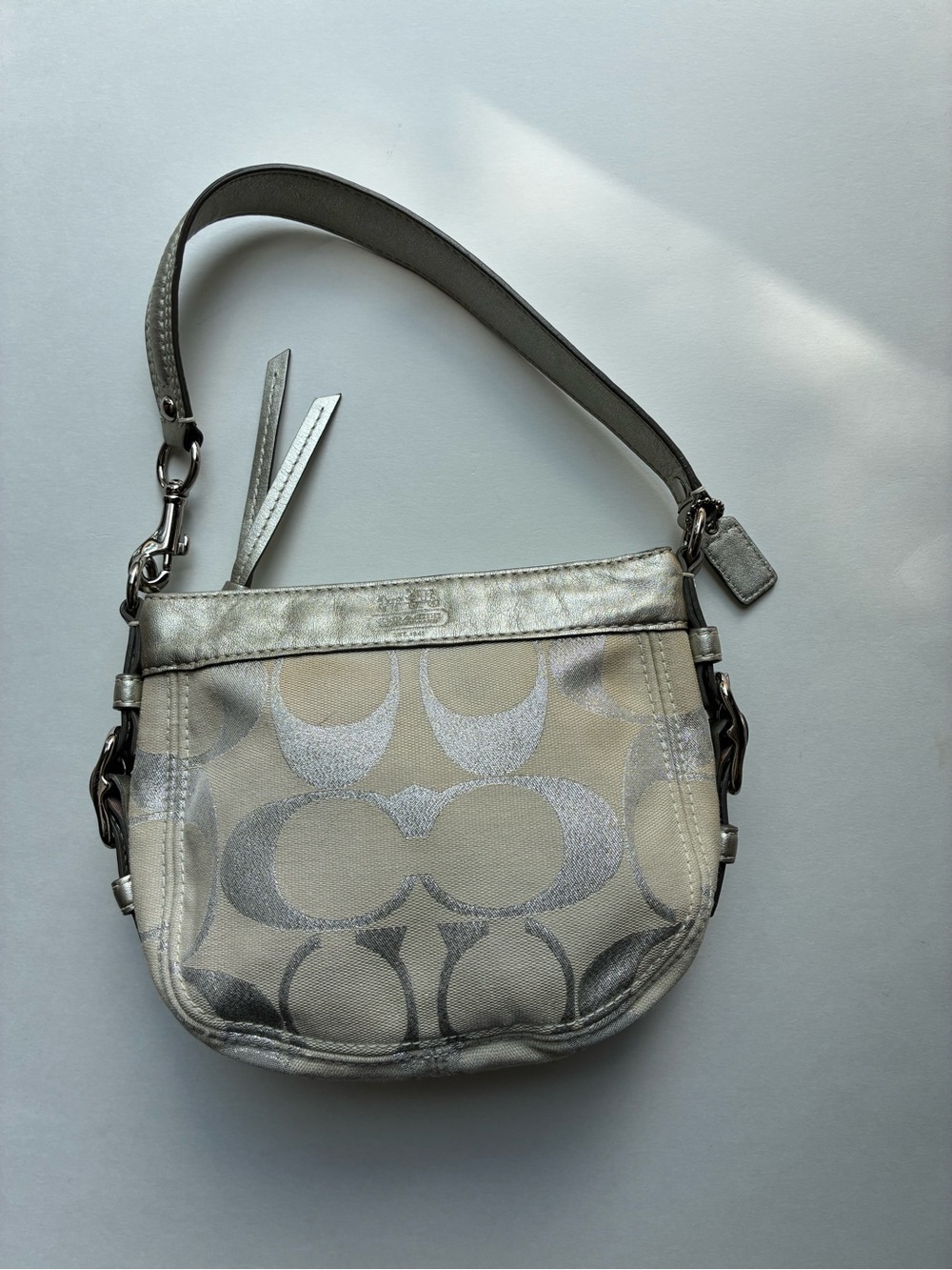 Vintage Coach Metallic Silver Zoe Logo Canvas Mini Shoulder Bag Y2K